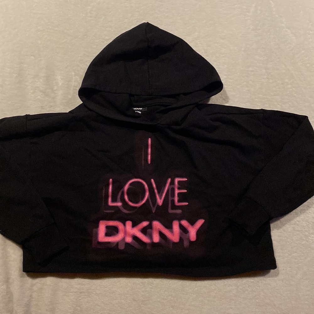 I Love DKNY hoodie Hooded Cropped Sweater Black Pink Size Small